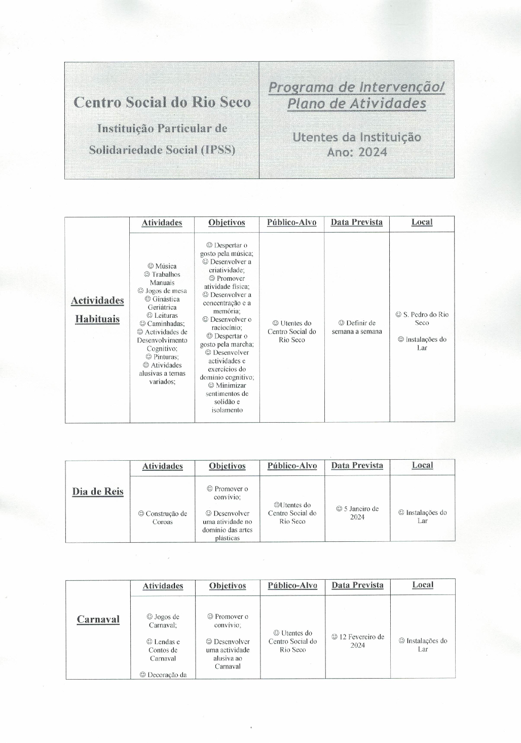 PLANO DE ACTIVIDADES PARA O ANO 2024 - CSRS - Centro Social do Rio Seco